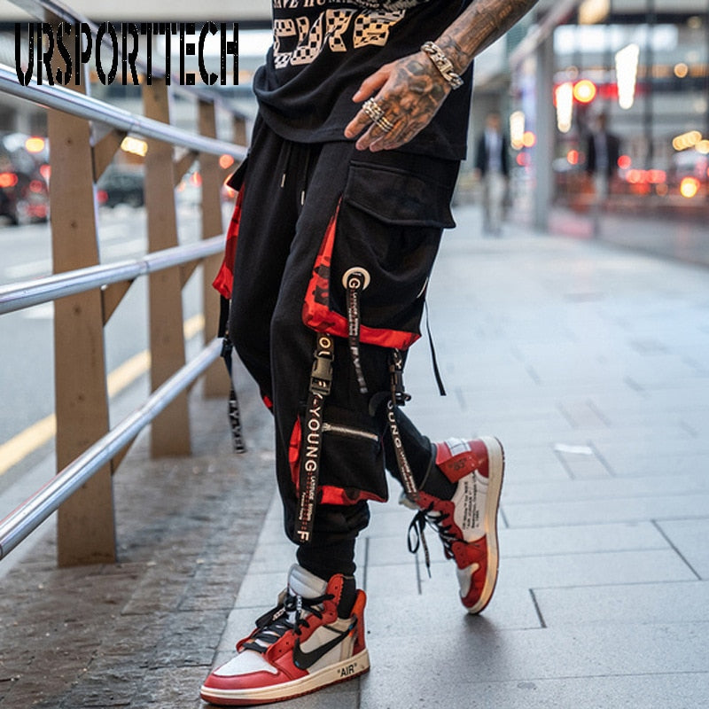 Hip Hop Joggers Men Letter Ribbons Cargo Pants Pockets Track Tactical Casual