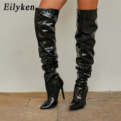 Patent Leather Motorcycle Over The Knee Boots Women Fashion Pointed Toe