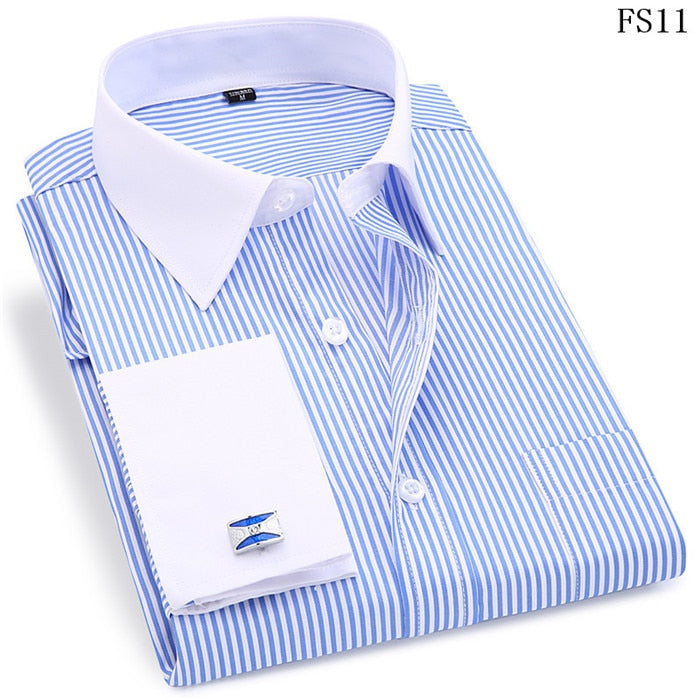 Men 's French Cufflinks Business Dress Shirts Long Sleeves White Blue