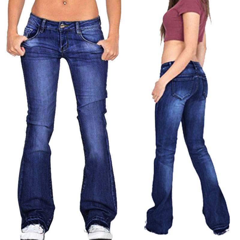 Black Flared Jeans Women Casual Vintage Skinny Low