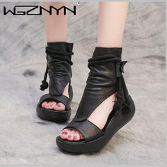 Summer Black Women Leather Sandals Cool Boots Platform Shoes