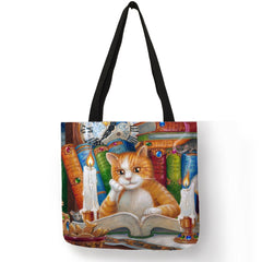 Customize Oil Painting Cat Print Womens Designer Tote Bags Linen