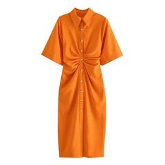 Midi Shirt Dress Vintage Short Sleeve Side Zipper Female Dresses Vestidos