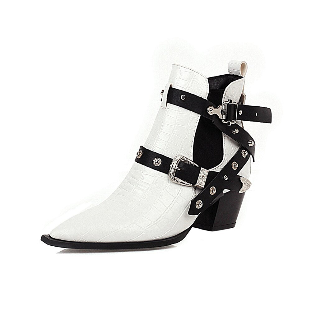 Motorcycle Western Cowboy Boots Women Snake PU Leather Short Cossacks