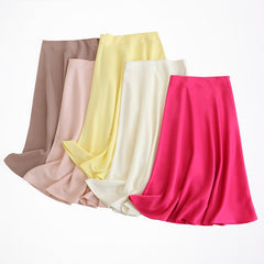 women solid quality satin midi skirt vintage side zipper