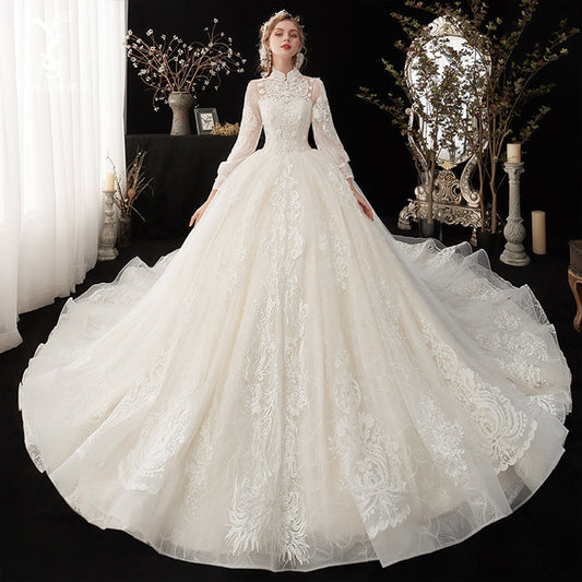 White Bridesmaid Dresses: Sleeve Pearls Flowers Appliques Lace Princess Ball Gown