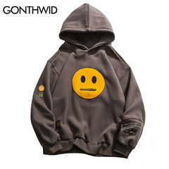 Zipper Pocket Smiley Face Patchwork Fleece Hoodies Sweatshirts Streetwear