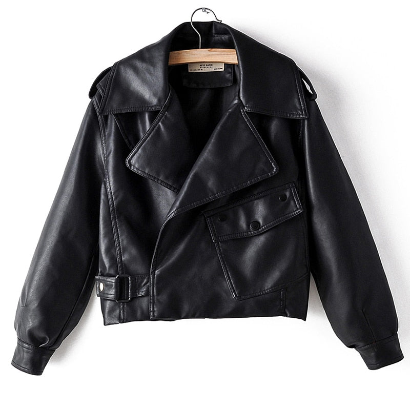Autumn Women Faux Leather Jacket Pu Motorcycle Biker Red Coat