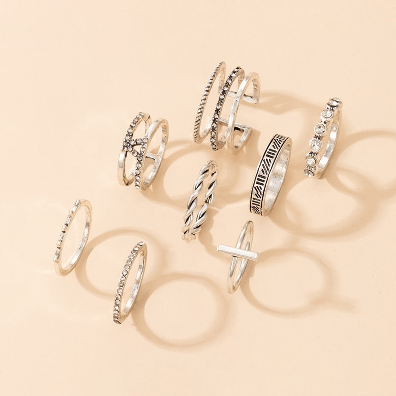 Tocona 8pcs/sets Hollow Out Rings for Women Men Charms Clear Crystal