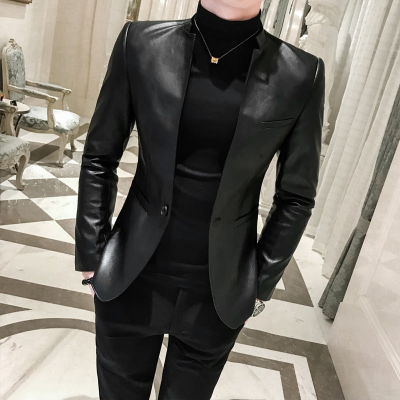 Tuxedo for Mens: Men Suit Black Slim Fit Blazer Hombre PU Leather Jacket Male
