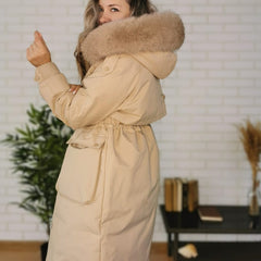 Winter Women Long Jacket Large Natural Fur Collar Hooded