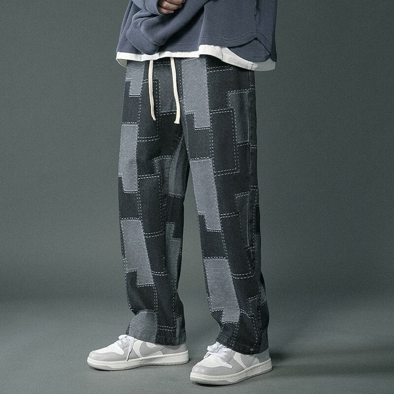 Men Jeans Vintage Geometric Patchwork Hip Hop Denim Pants