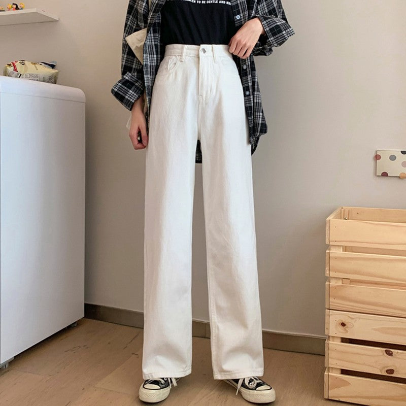 Women White Casual Jeans Autumn Korean Style All-match Loose High Waist