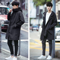 Spring Autumn Long Trench Coat Men Fashion Hooded Windbreaker Black Overcoat