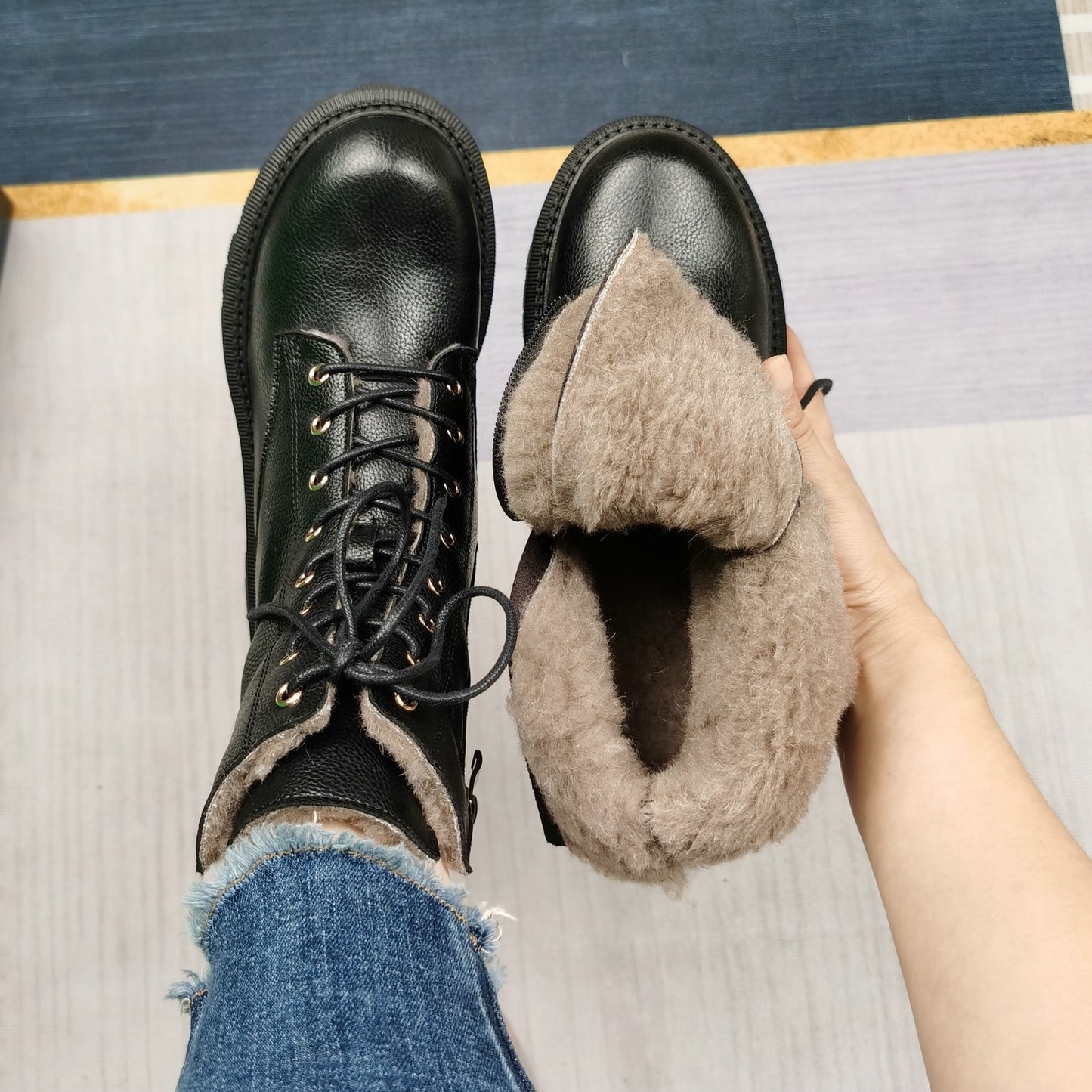 Women Ankle Boots Wool Fur Platform Fashion Warm Mid Heel Motorcycle Boots