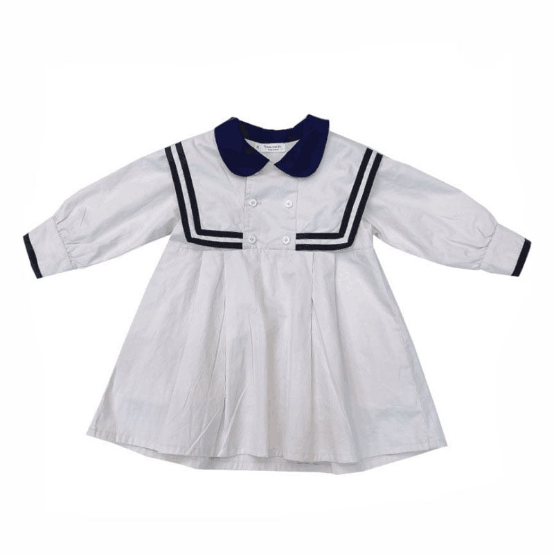 Spring Summer Girls Dress British Style Navy Collar Little Cute Long-Sleeved