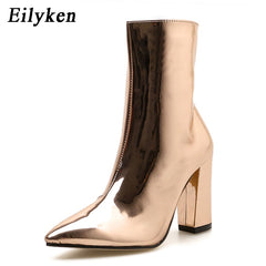 Fashion Gold Silver Patent Leather Women Ankle Boots Pointed Toe