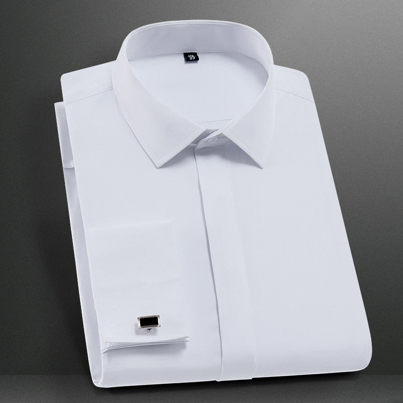 Men's Classic French Cuff Dress Shirts Long Sleeve No Pocket Tuxedo Male