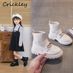 Metal Chain Girls Boys Fashion Boots PU Leather Knitting Patchwork Slip On Kids