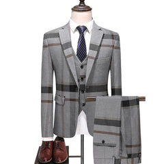 Men's Wedding Plaid Blue Gray Blazers Jacket Pants Vest 3 Pcs Set