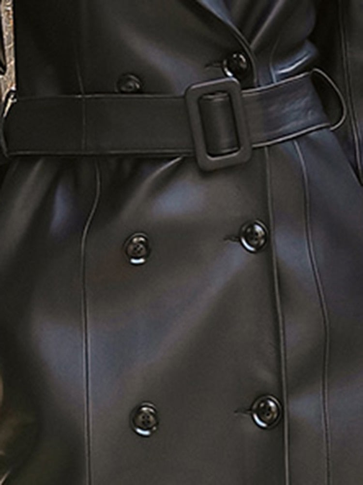 Spring Black Waterproof Leather Trench Coat for Women