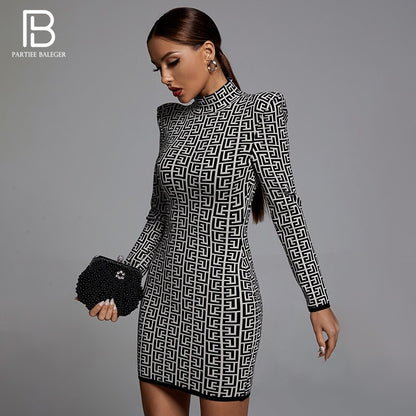 Mini Dress Long Sleeves Stand Collar Celebrity Party Club Bandage