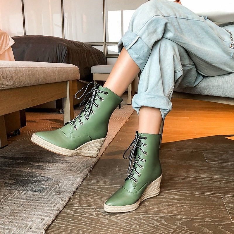 Women Wedge Ankle Boots Casual Lace Up Low Heels Female Platform Shoes