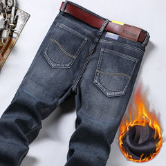 Classic Men'S Regular Fit Fleece Jeans Business Fashion Loose Casual