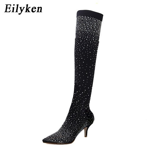 Design Fashion Pointed Toe Bling Over Knee Boots Crystal Long Sock