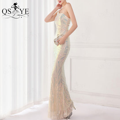 Shiny Sequin Light Champagne Prom Dresses Mermaid One Shoulder Evening