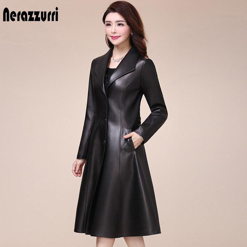 Spring autumn long black soft faux leather coat women long sleeve