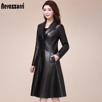 Spring autumn long black soft faux leather coat women long sleeve