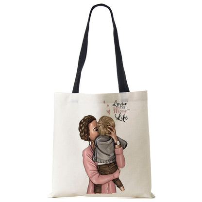 Cute Cartoon Super Mama Print Linen Tote Bag Reusable Shoulder Bags Mom