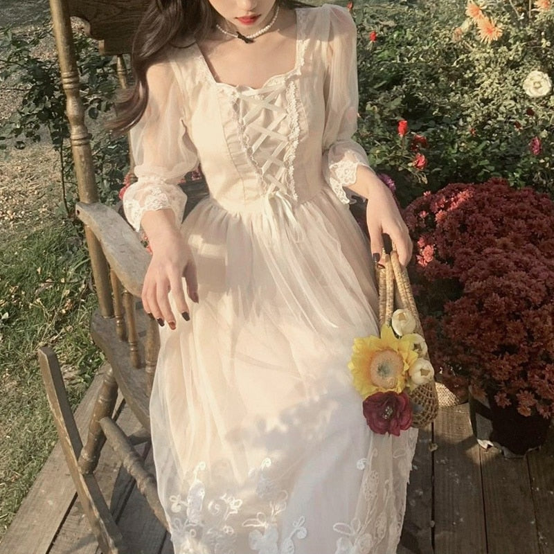 Spring Lace Sweet Elegant Dress Women Evening Party One Piece Dress