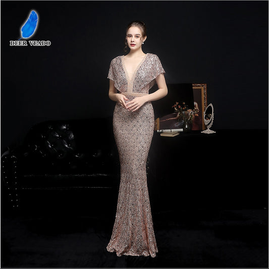Evening wear Dresses: Elegant Gold Sequin Dress for Women Evening Dress with Beads