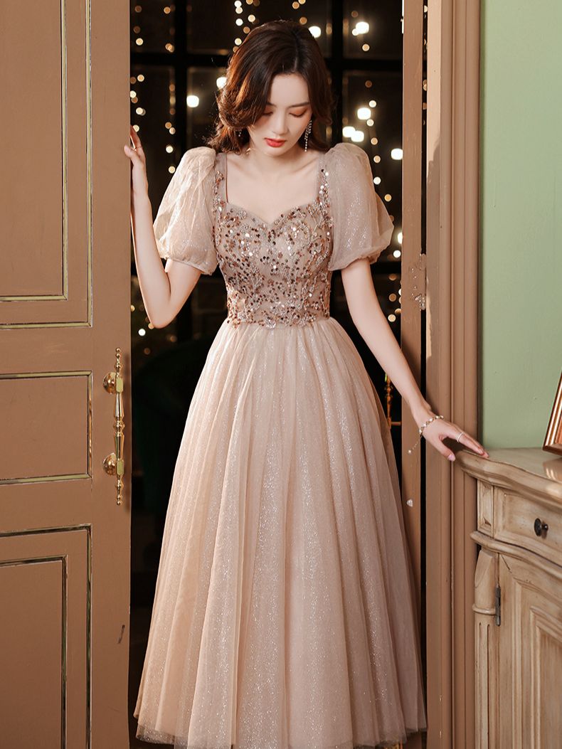 Evening wear Dresses: Women Prom Dress Puff Sleeve Beading Sequins Tulle