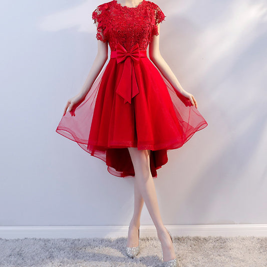 White Red Black Prom Dresses With Bow Lace Short Sleeve Women Dress Female