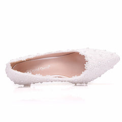 Crystal Queen White Lace Wedding Shoes 5CM Thick kitten Heel Shoes