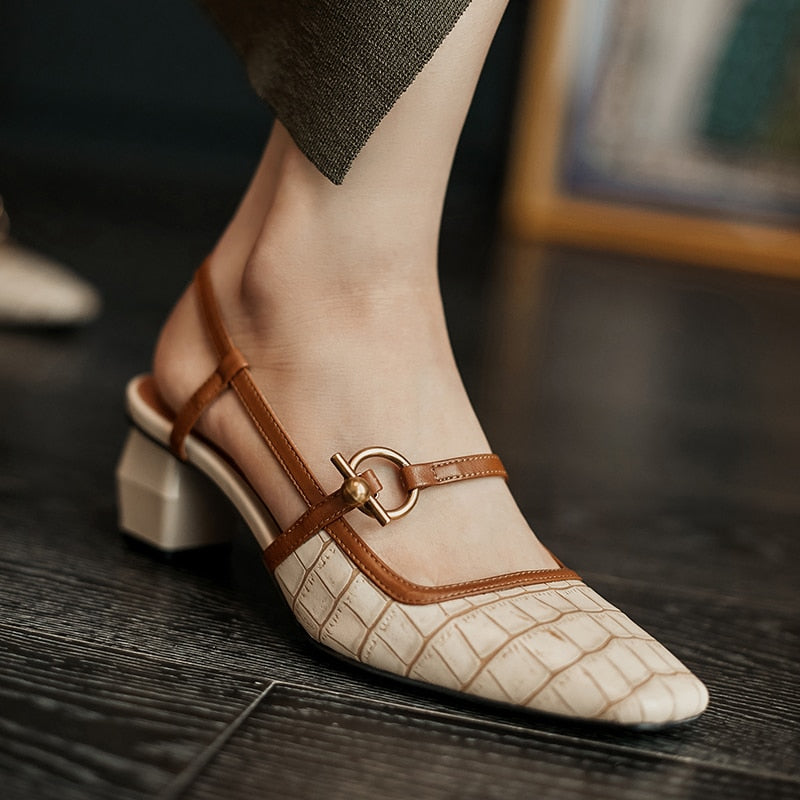 Genuine Leather Chunky Women Shoes Square Toe Buckle Strap Pumps Women Sandals Mary Jane Women Heels