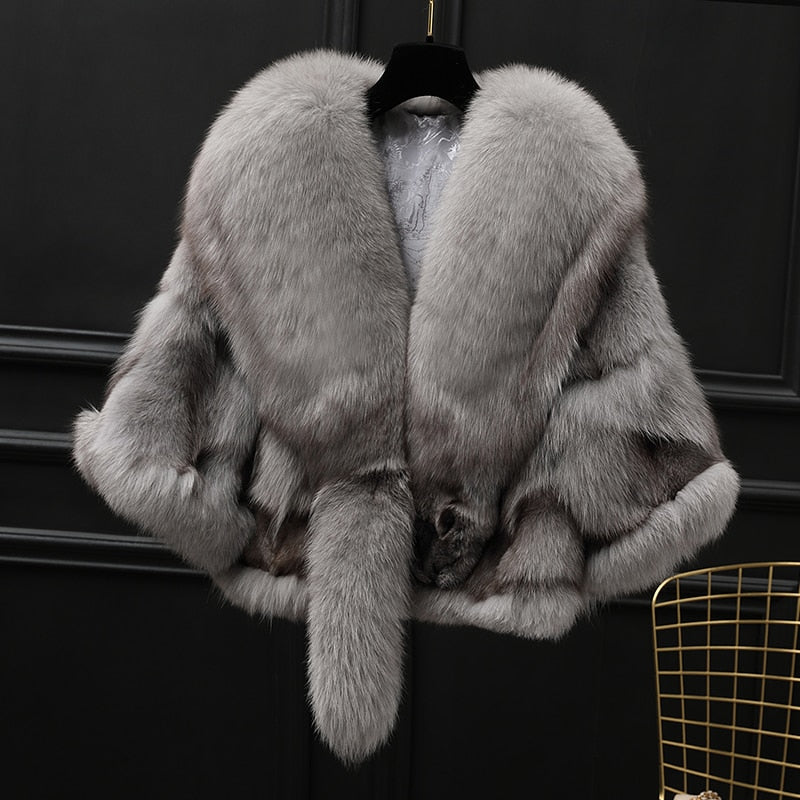 Winter Cloak Warm  Women Cardigan big real Fox Fur Collar Cape Fashion Solid