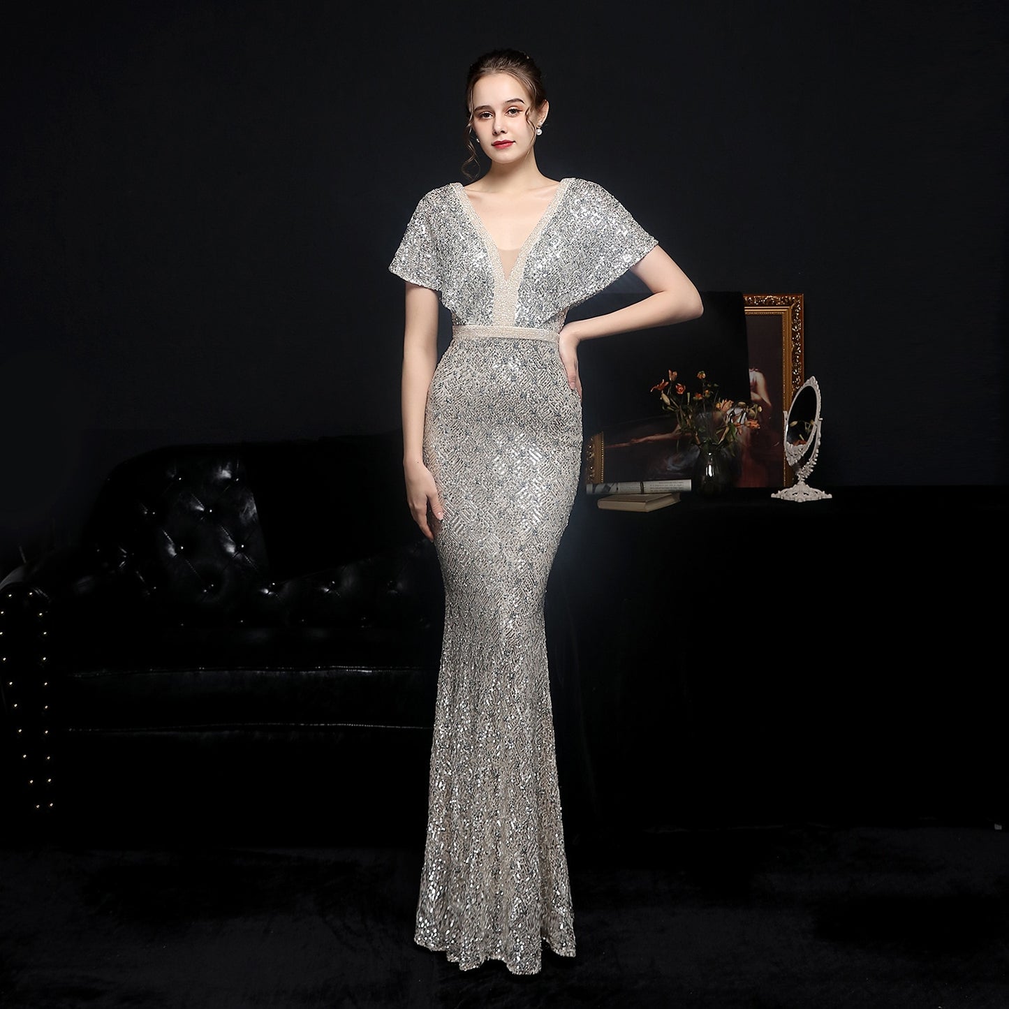 Evening wear Dresses: Elegant Gold Sequin Dress for Women Evening Dress with Beads
