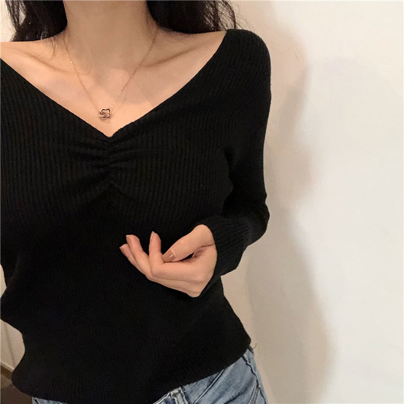 V Neck Women Sweater Autumn Knitted Pullover Jumper