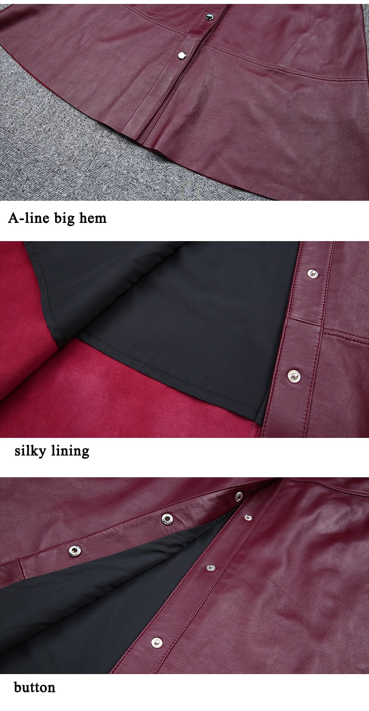 Women Maxi Skirt Femme Genuine Leather Side Pocket Buttons A-line