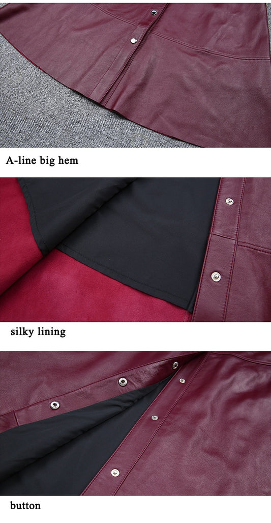 Women Maxi Skirt Femme Genuine Leather Side Pocket Buttons A-line