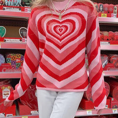 Aesthetics Sweater Women Heart Striped Fashion Sweaters E-girl Sweet