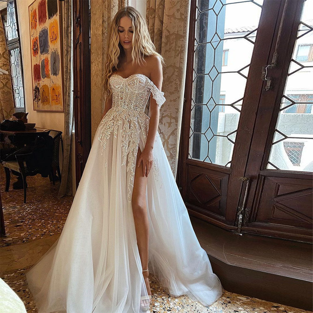 Wedding Dresses Crystal Beading Off the Shoulder Lace Appliques A-Line