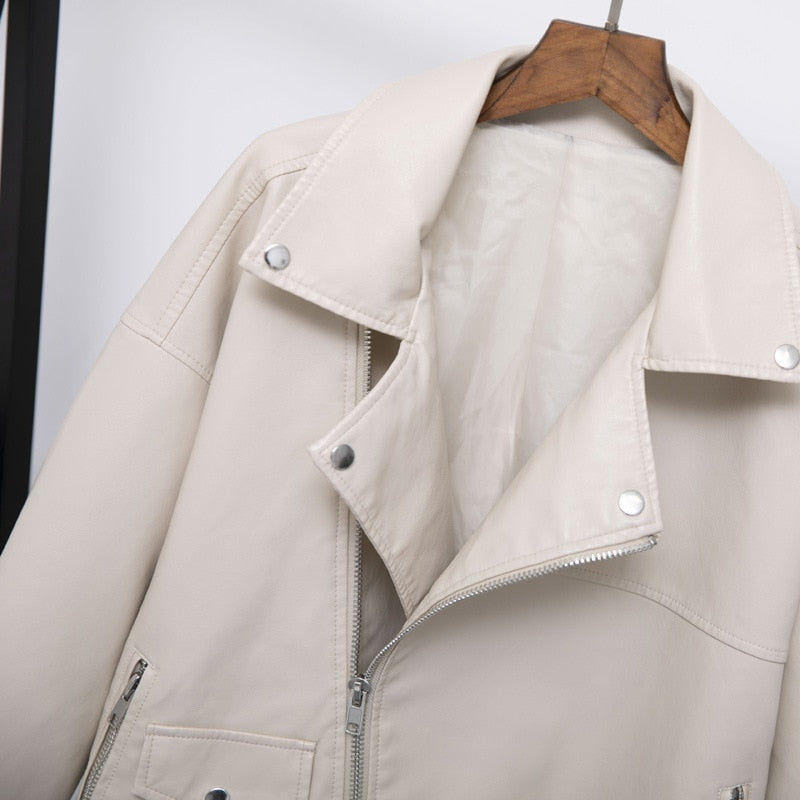 Fitaylor Autumn Women Faux Leather Jacket Casual Loose Soft Pu