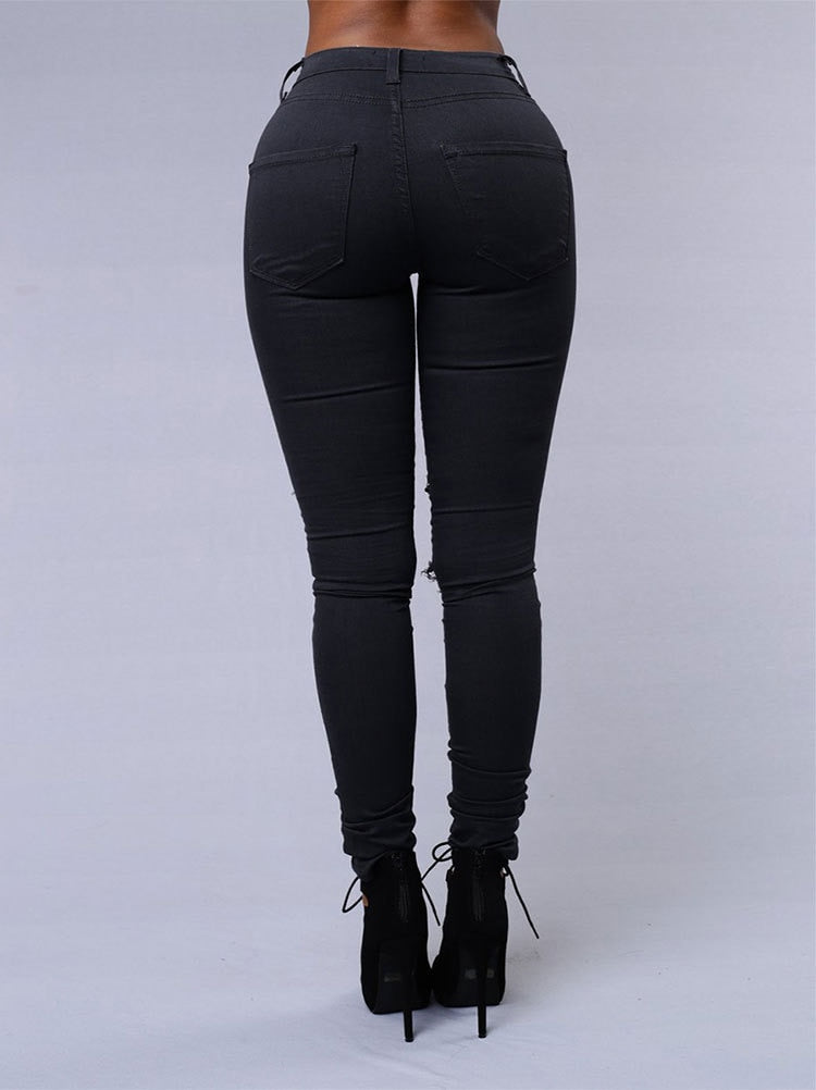 Spring Summer Elastic Trousers Black and White Ripped Jeans Fashion