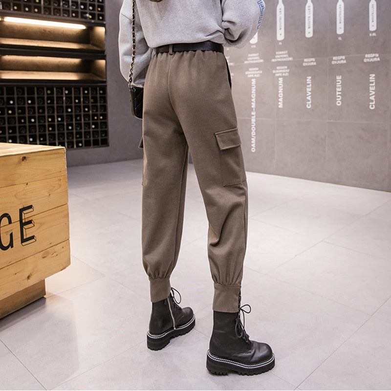 Streetwear Cargo Pants Women Harajuku Winter Woolen Warm Ladies Trousers