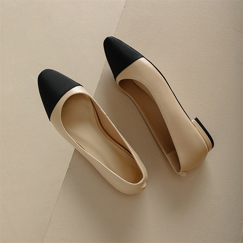 Women Genuine Leather Thick Heels Pumps Square Toe High Heel 6cm